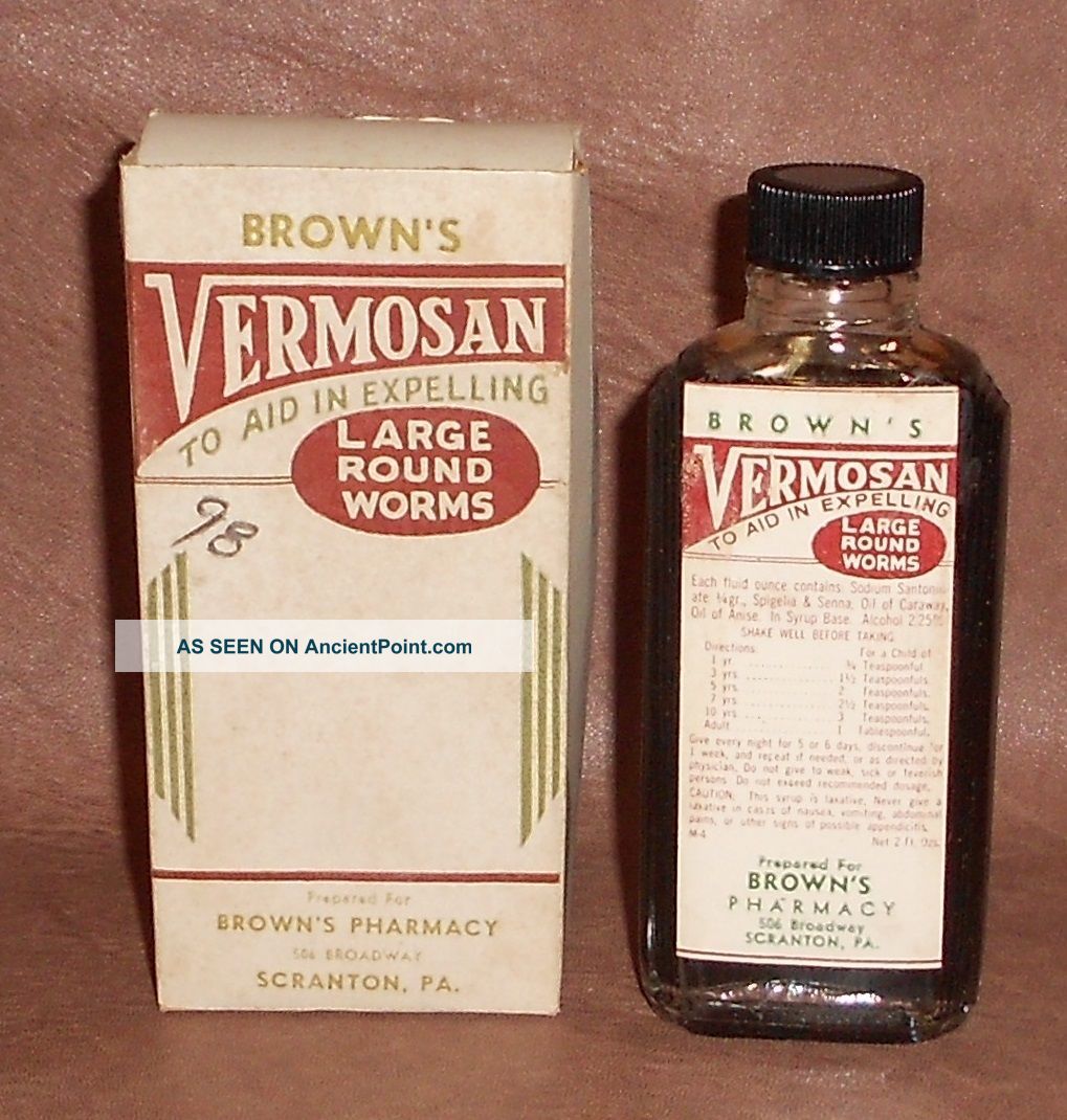 C1930 Vintage Medicine Bottle & Box Vermosan For Large Round Worms - Full Bottles & Jars photo