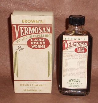C1930 Vintage Medicine Bottle & Box Vermosan For Large Round Worms - Full photo