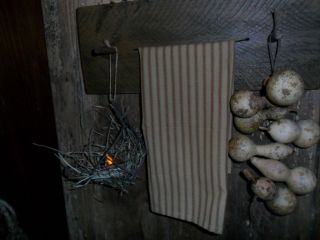 Primitive Early Look Peg Board/rack,  Pantry Towel,  Gourd Garland & Wire Basket photo