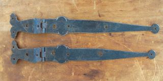Antique 18th C Pa German Hand Wrought Iron Decorated Blanket Chest Strap Hinges photo