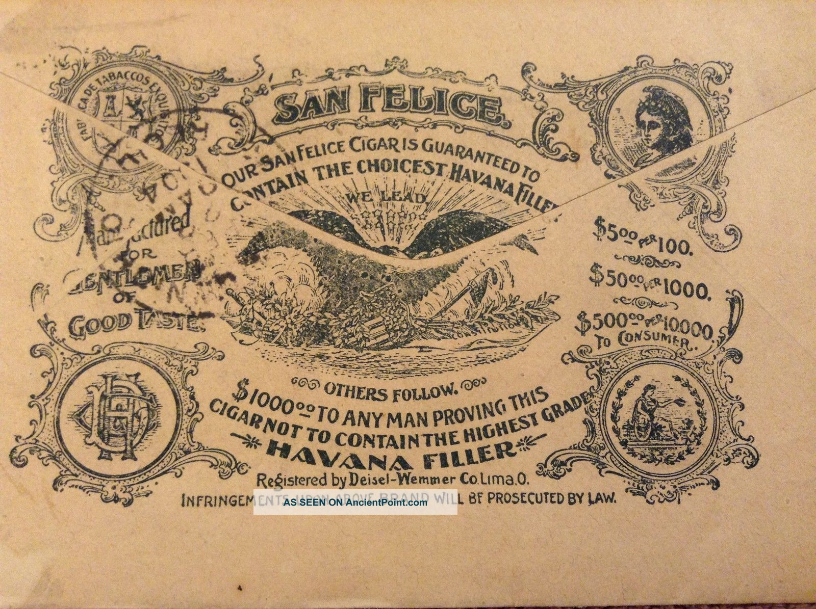 1904 Deisel - Wemmer Cigar Company Of Lima Ohio Letterhead W/ San Felice Envelope Other Mercantile Antiques photo