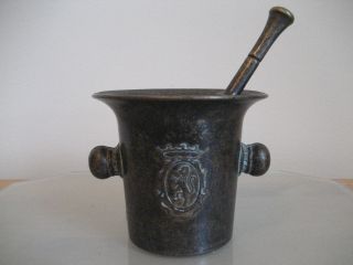 Antique / Vintage Bronze / Brass Mortar & Pestle With Lion Shields 3 1/8 