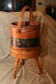 Antique Primitive Footed Tole Stencil Floral Painted Wood Banded Firkin Bucket Primitives photo 4