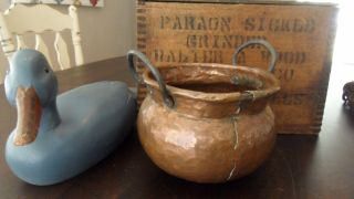 Rare 18th Century Primitive Hand Hammered Copper Pot W/ Wrought Iron Handles photo