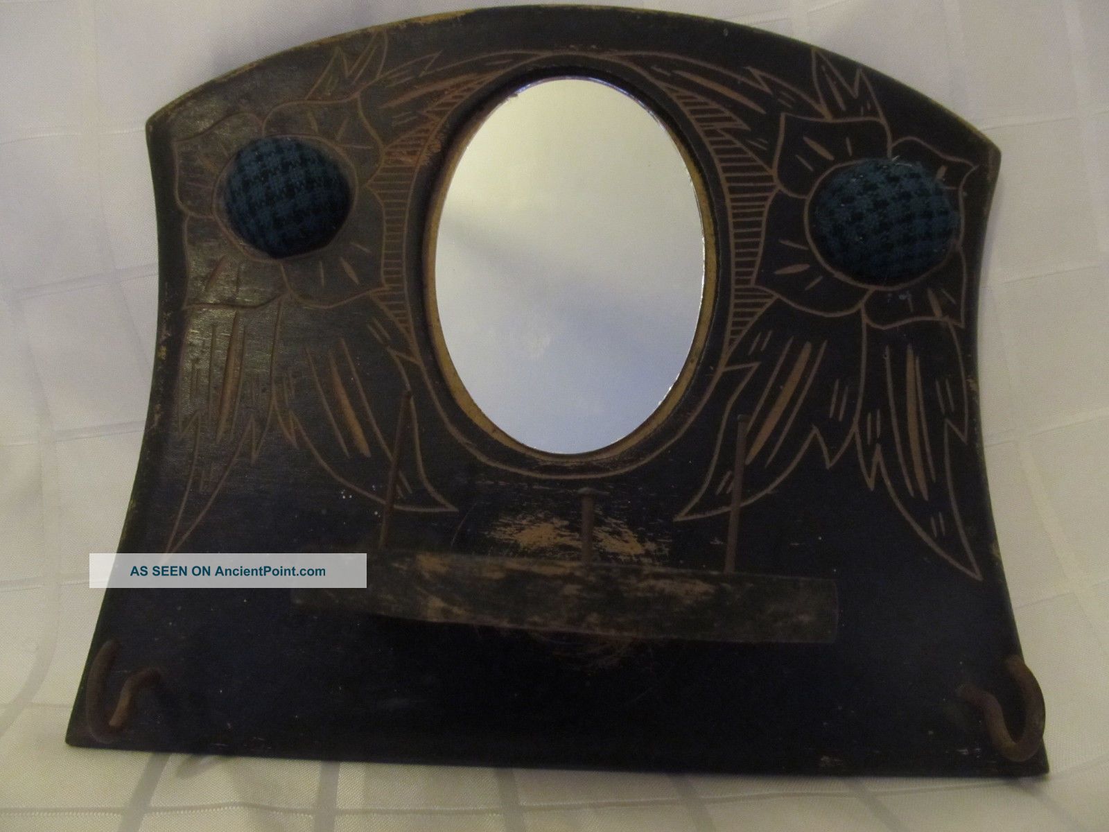 Old Antique Charming Wooden Wall Hanging Mirror Needles Cushion Hand Carved Primitives photo