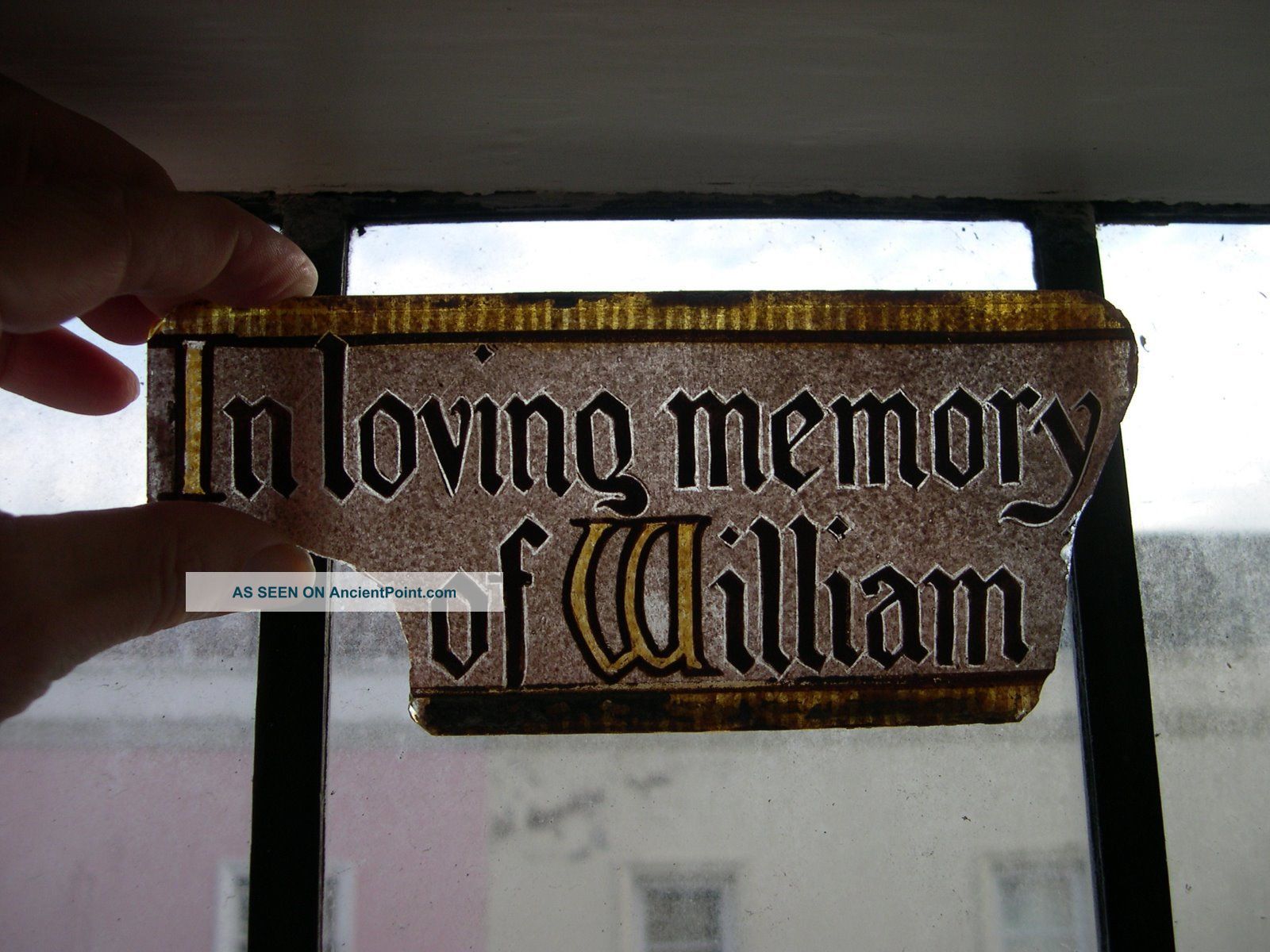 F125 - Antique Stained Glass Window Fragment - ' In Loving Memory Of William ' 1900-1940 photo