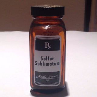 Vintage Apothecary Pharmacy Drugstore Medical Glass Bottle Jar Sulfur Sublimatum photo