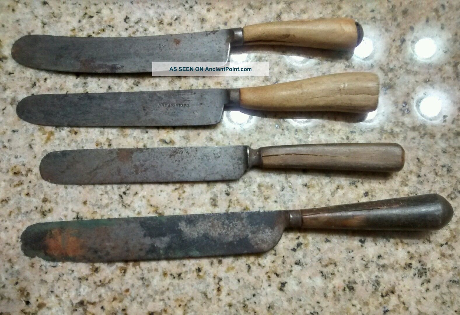 4 Antique Cutlery Knives Primitive Carved Bone Horn Handles Signed Sheffield Primitives photo