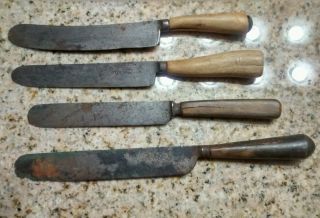 4 Antique Cutlery Knives Primitive Carved Bone Horn Handles Signed Sheffield photo