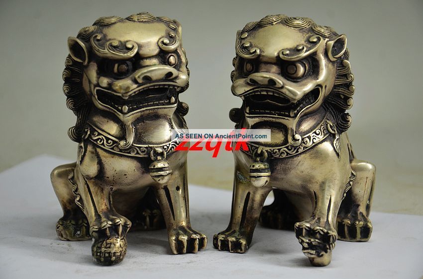 A Pair Old Chinese Silver Carved Guard Lion Statues Other Antique Chinese Statues photo