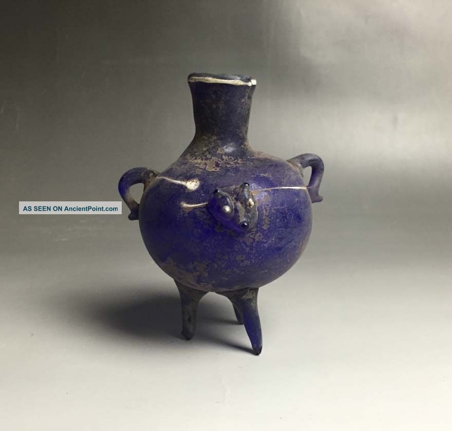 Rare Roman Blue Glass Three Feet Bottle With Two Beast Head Design Roman photo
