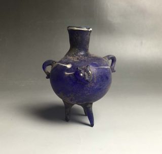Rare Roman Blue Glass Three Feet Bottle With Two Beast Head Design photo