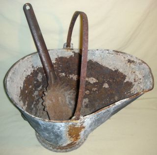 Kindling Bucket,  Shovel Antique 1900s Rustic Hearth Handle Fireplace Charming photo