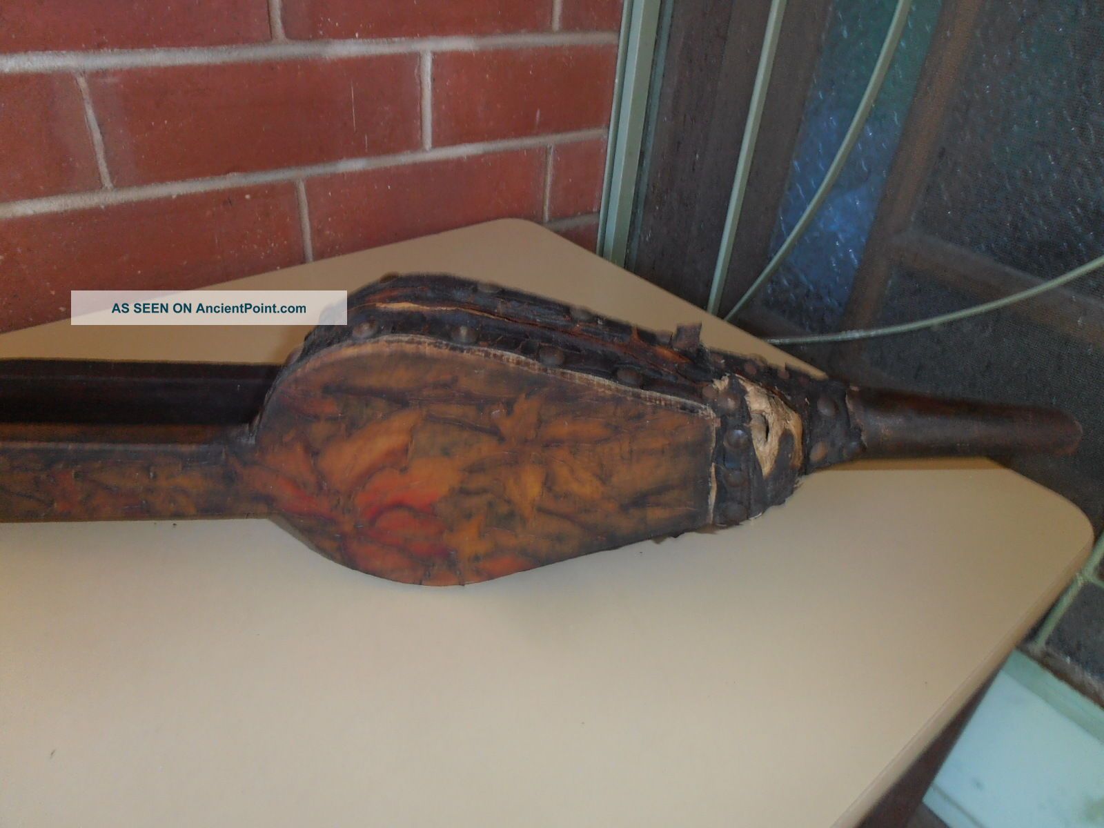 Wooden Poker Work Australiana Fire Bellows As Found Leather Studs Antique Woodenware photo
