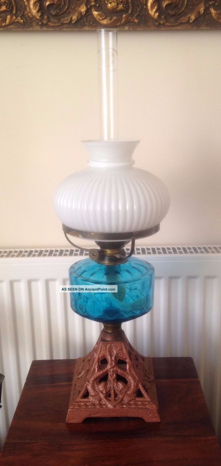 A Victorian Blue Glass Oil Lamp And Shade Order Kosmos Burner 20th Century photo