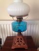 A Victorian Blue Glass Oil Lamp And Shade Order Kosmos Burner 20th Century photo 1