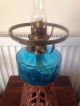 A Victorian Blue Glass Oil Lamp And Shade Order Kosmos Burner 20th Century photo 4