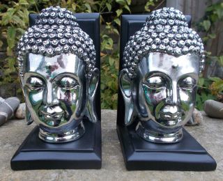 Art Deco Wood Chrome Silver Bookends Thai Buddha Zen Bookend Statue Figurine photo