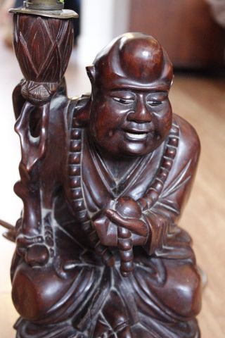 Antique Carved Wooden Buddha Figure Table Lamp - 37cm X 18cm photo