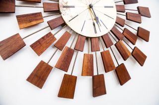 Mid Century Modern Clock Starburst Seth Thomas Wall Sunburst Teak Atomic Danish photo
