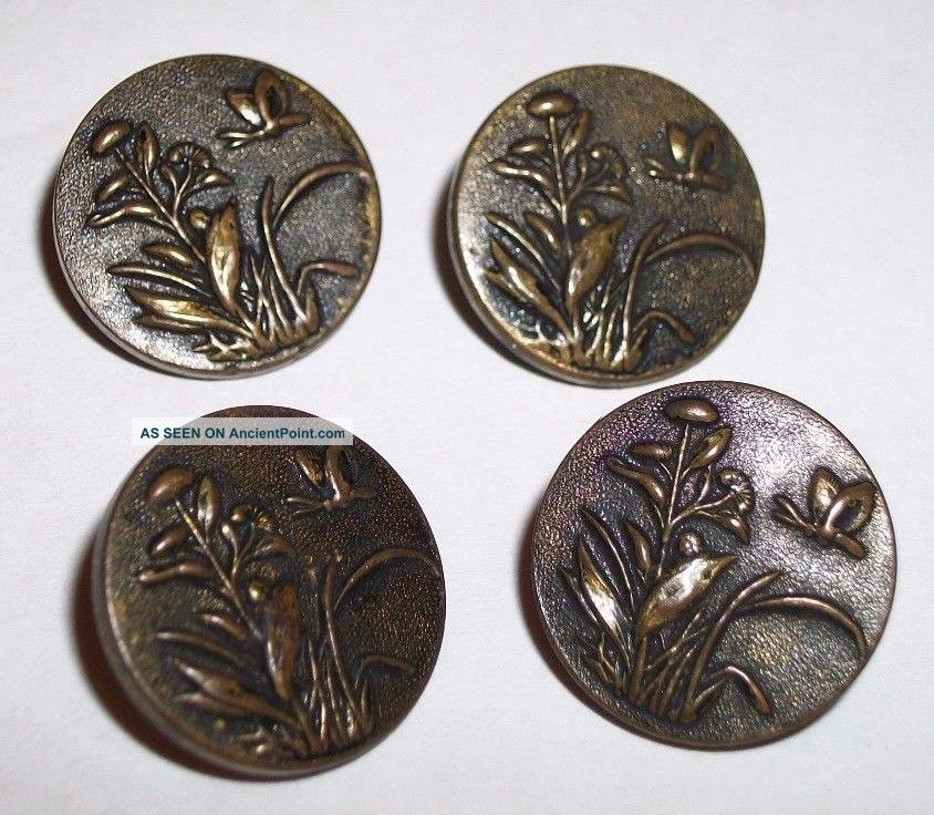 4 Victorian Antique Paris Back Mark Metal Picture Buttons Butterfly & Flowers Buttons photo