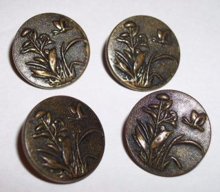 4 Victorian Antique Paris Back Mark Metal Picture Buttons Butterfly & Flowers photo