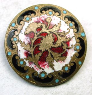 Antique French Enamel Button Purple & Cream W/ Brass Flower Design - Paris Back photo