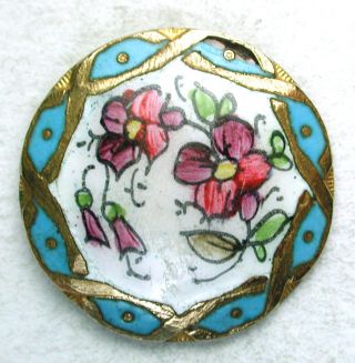 Antique Enamel Button Hand Painted Flowers W/ Turquoise Champleve Border - Paris photo