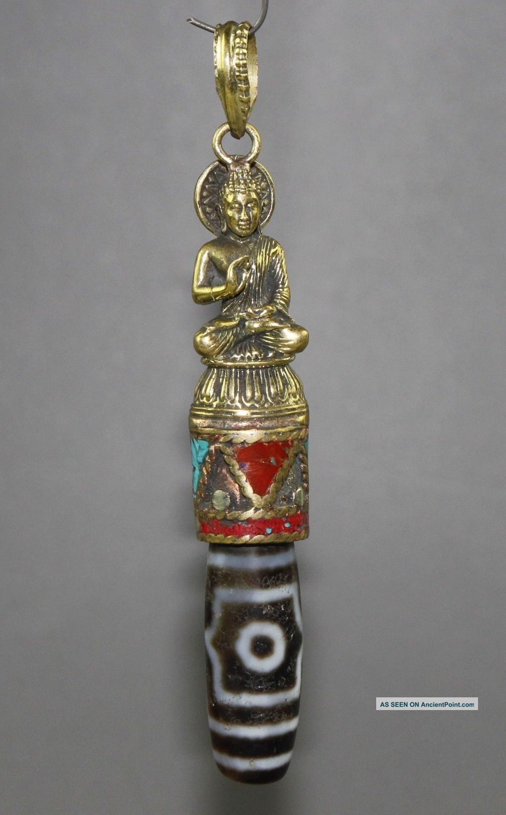 Ancient Chinese Tibet Copper Buddha Inlaid Dzi Bead Pendant Necklaces & Pendants photo
