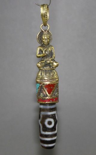 Ancient Chinese Tibet Copper Buddha Inlaid Dzi Bead Pendant photo
