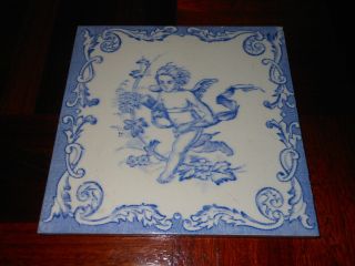 Antique Arts And Craft Tile Art Nouveau Majolica Cherub Blue Tile 6 X 6 11 photo