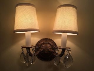Vintage Antique Petite French Regency Style Brass Sconces With Crystals Pair photo