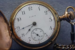 Antique Elgin Pocket Watch 18 Size/large Hunter Case/heavy Chain.  17/jewels.  C1905 photo