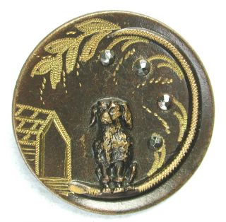 Antique Stamped Brass Button Dog On Crescent W Cut Steel Accents 1 & 1/4 