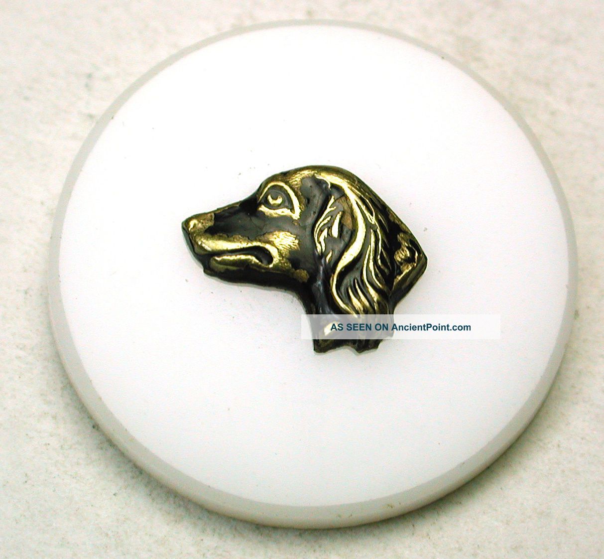 Antique Button Milk Glass W Brass Dog Head Escutcheon 1850s 1 & 1/8 