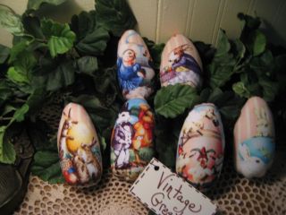 6 Vintage Look Handmade Easter Rabbit Print Fabric Egg Ornies Fillers Decor photo