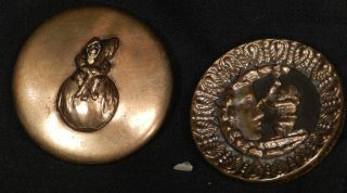 2 Antique Victorian Figural Button Dwarf Gnome Eskimo Die Cut Brass Man In Moon photo