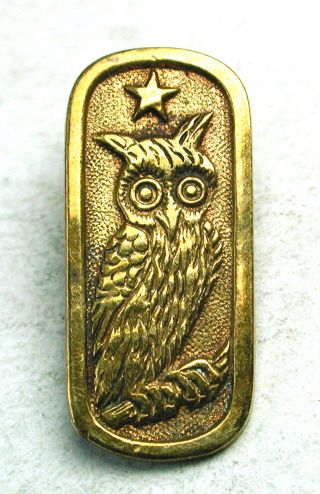 Antique Stamped Brass Bar Shape Button Perched Owl W/ Star Overhead photo