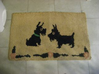 Late 1800s Early 1900s Hand Hooked Rug With 2 Black Scotties Hand Sewn Burlap Ed photo