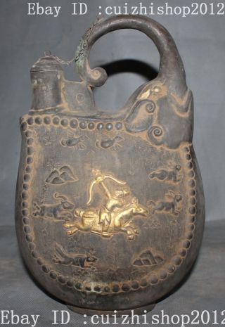 Chinese Dynasty Old Purple Bronze Gilt Man Ride Horse Milk Wine Tea Pot Flagon photo