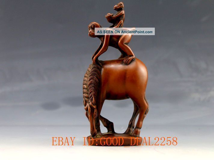 Chinese Wood Carved Hand - Carved Statue - - Monkey On The Horse马上封侯 Horses photo