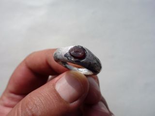 Ancient Roman Silver Intaglio Ring,  With Engraved Fish On The Carnelian Stone photo