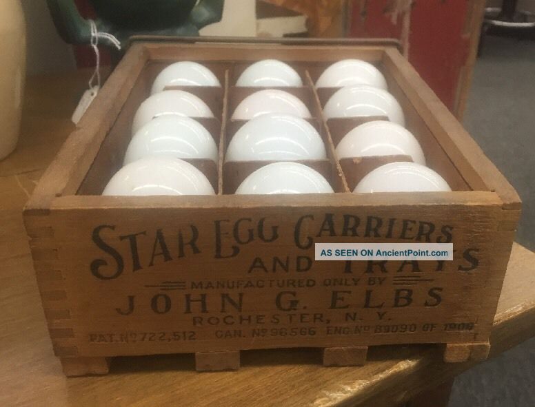 Antique Wood Primitive Star Egg Carrier And Tray 12 Glass Starter Eggs Farm Primitives photo