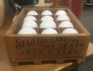 Antique Wood Primitive Star Egg Carrier And Tray 12 Glass Starter Eggs Farm photo