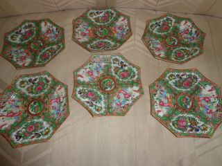 6) Rare Antique Chinese Rose Medallion Octagonal Saucers.  6 1/2 Inch photo