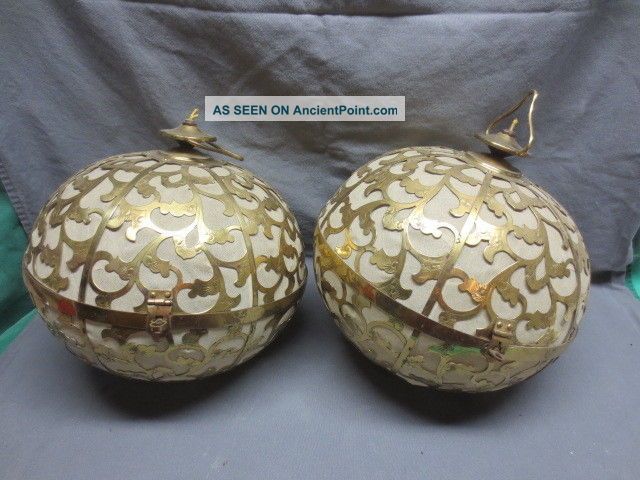 2 Antique Mcm Brass Ball Swag Lamp Light Paper Diffuser Oriental Chandeliers, Fixtures, Sconces photo