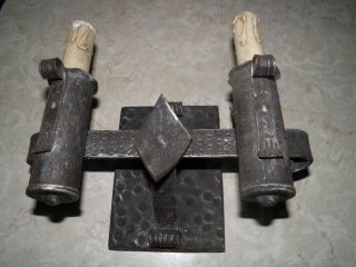 Vintage Dual Candle Iron Electric Wall Sconce photo
