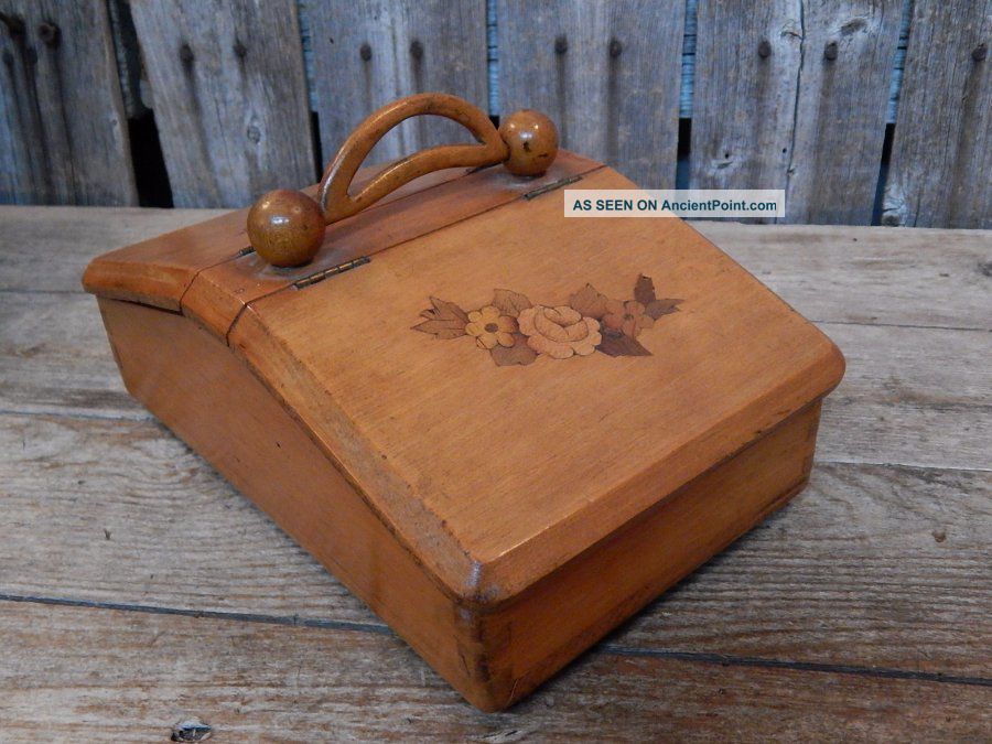 Rare 1900 ' S Mini Antique Wooden Sewing Box Inlay Flowers Unique Aafa Baskets & Boxes photo