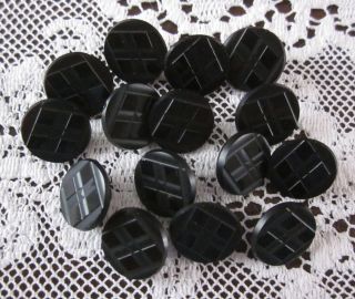 Vintage Antique 15 Matching Black Glass Buttons Sewing Diamond Design Mourning photo