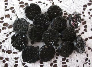 Vintage Antique 14 Matching Black Glass Buttons Sewing Mourning photo